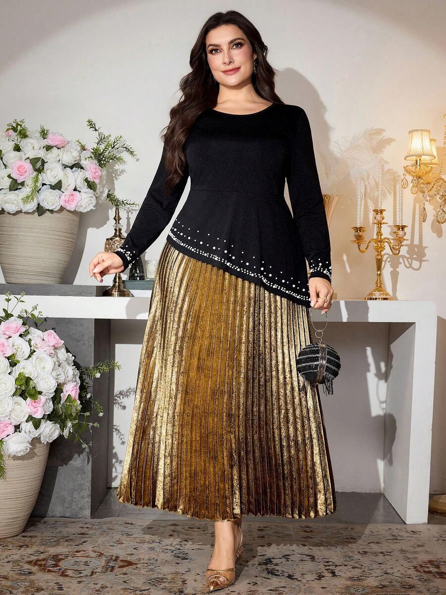 Modelyn 1 Set unregelmäßiger Perlen Dekor Design Schwarze Bluse & Goldener Rock, eleganter Damenstil, modisch & schlank, geeignet für Damen in Große Größen - Schwarz - Übersicht 1