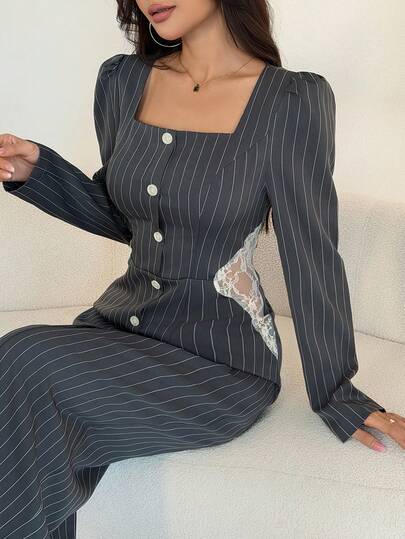 Modelyn Abito elegante da donna a maniche lunghe con righe grigie, vita in pizzo e linea ad A, autunnale