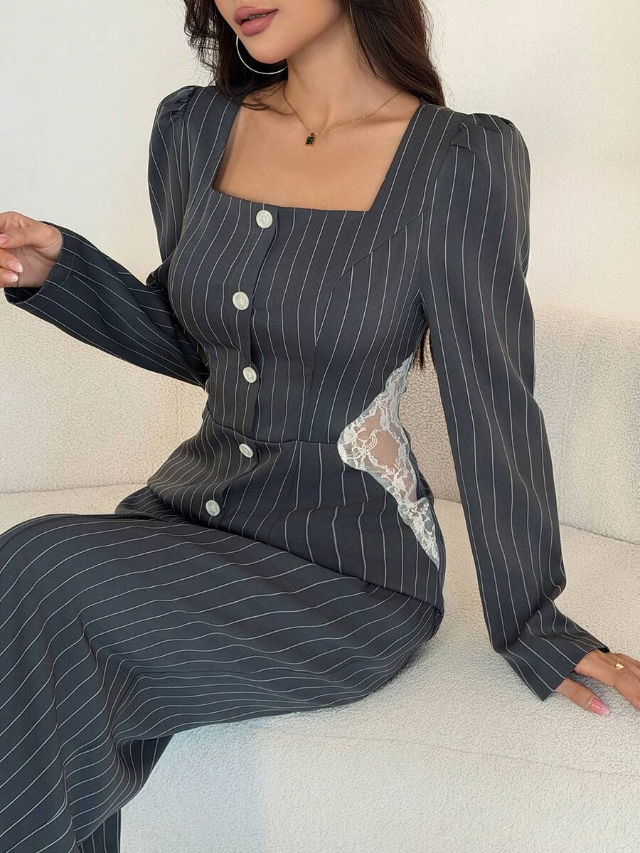 Modelyn 女士优雅灰色条纹长袖蕾丝腰A字连衣裙，秋季 - 灰色 - 查看 1