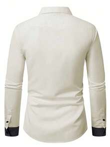 Manfinity Mode 男士休闲格子拼接长袖通勤衬衫 - 米色 - 查看 2