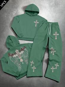 Manfinity Roghcode Cross Angel Wings Men's Autumn/Winter Hoodie And Flared Pants 2 Pieces Set - Green - View 1