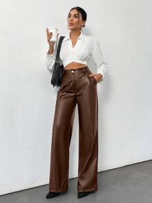 EURMUSE Gold Button Detailed Straight Fit Leather Pants - Brown - View 8