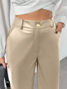 EURMUSE Prive Gold Button Detailed Straight Fit Leather Pants - Beige - View 3