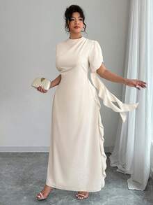 Elenzga Apricot Midi Dress With Ruffled Puff Sleeves, Fitted Waist - Elegant For Parties, Suitable For Spring & Summer, Plus Size - Apricot - View 5