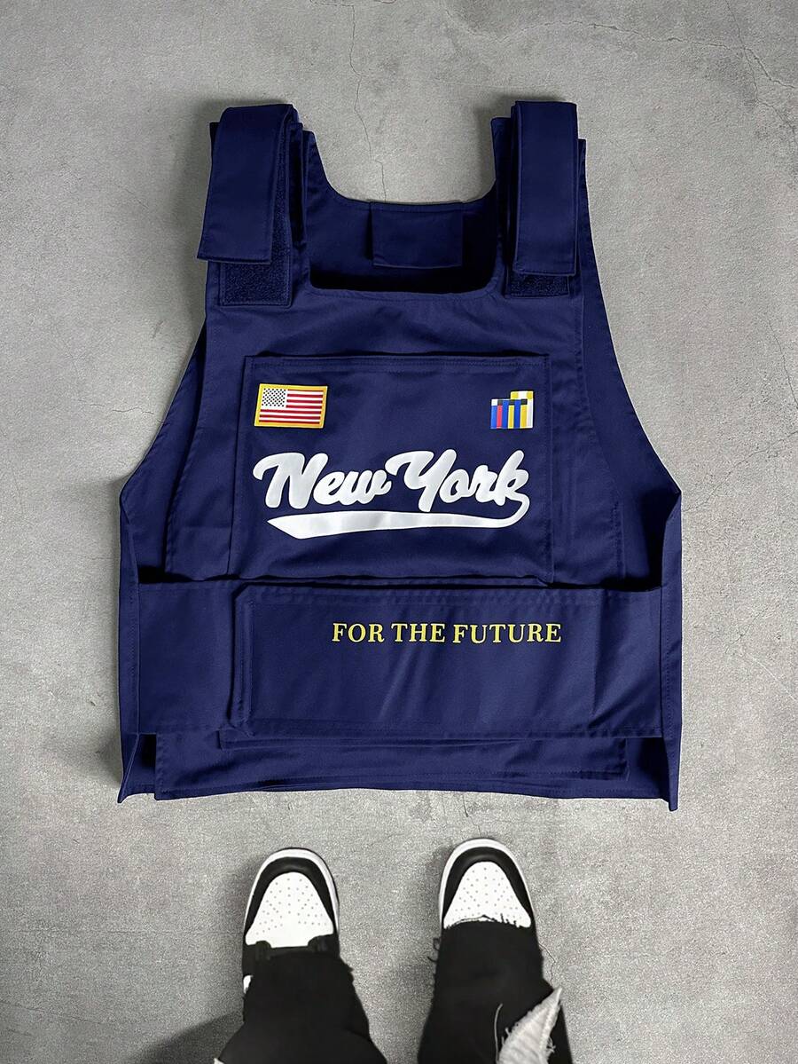 PAVTROS Áo vest nam in chữ, áo vest nam kiểu Y2K, quần áo nam New York, áo vest kiểu Y2K. - Màu xanh hải quân - Xem 1