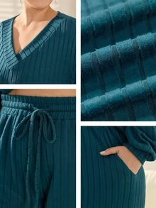 Momelise 两件套女士V领卫衣+休闲裤家居服套装 - 綠色 - 查看 8