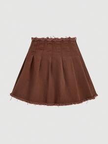 Falda De Mezclilla Plisada Y Deshilachada Para Mujer - Café integral - Ver 2