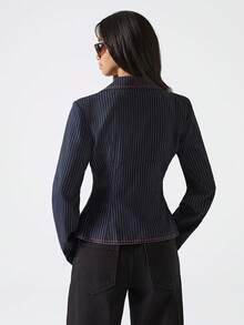 LYSMO 2026 New Arrive Minimalism Spring/Summer Women's Striped Lapel Long Sleeve Front Tie Fashionable Blazer - Black - View 2