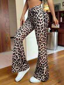 SHEIN EZwear 女性時尚高腰性感豹紋喇叭褲長褲 - 棕色 - 查看 7