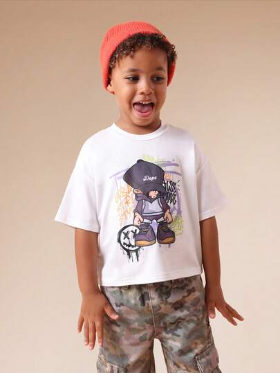 SUMWON 男童超大款酷炫卡通人物图案圆领短袖T恤，嘻哈风格街头潮服，都市酷炫