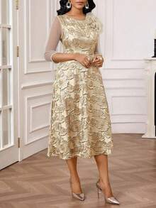 SHEIN Lady 春夏优雅派对婚礼鸡尾酒会音乐会/音乐节蓝色提花圆领喇叭形3D玫瑰修身连衣裙中长七分袖连衣裙优雅女士连衣裙高贵套装优雅礼服婚礼 - 杏色 - 查看 3