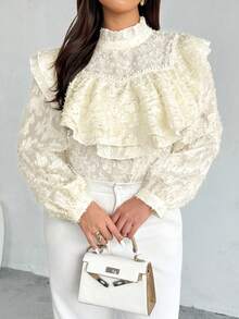 Firerie Plus Size Women Ruffle Collar Loose Fit Long Sleeve Shirt, Comfortable Casual Elegant Suitable For Dates, Gatherings, Afternoon Tea, All Seasons Romantic Valentine's Day Valentine Outfits For Women