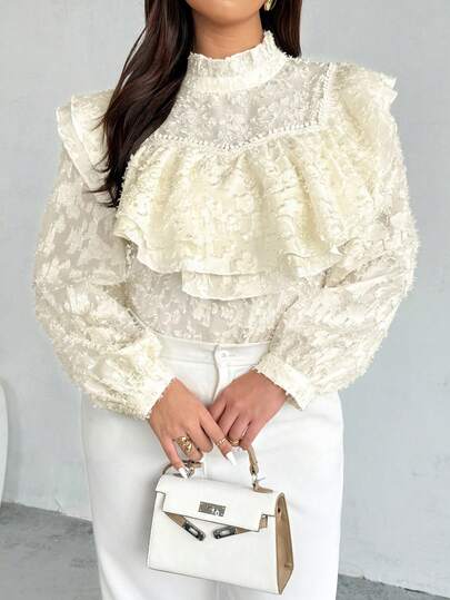 Firerie Plus Size Women Ruffle Collar Loose Fit Long Sleeve Shirt, Comfortable Casual Elegant Suitable For Dates, Gatherings, Afternoon Tea, All Seasons Romantic Valentine's Day Valentine Outfits For Women