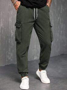Manfinity Homme Quần jeans ống côn cạp rút túi hộp thường ngày cho nam - Màu xanh Ô liu - Xem 3
