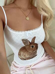 CovetEZ 白色休闲女式兔子印花蝴蝶结装饰吊带衫 - 白色 - 查看 4