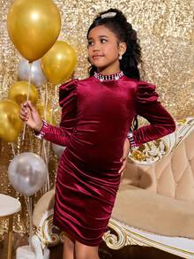 فستان مناسب للبنات المراهقات بياقة مزينة بالخرز وخصر ضيق وأكمام منتفخة، مناسب لحفلات عيد الميلاد، هدية عيد الميلاد، فستان أحمر، ملابس للبنات