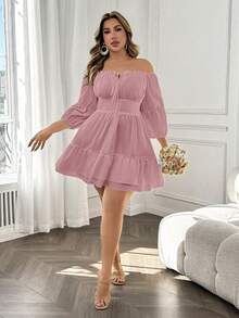 SHEIN LUNE Vestido elegante para mujer de talla grande con hombros descubiertos, tirantes con lazo y borde con volantes - Rosa - Ver 6