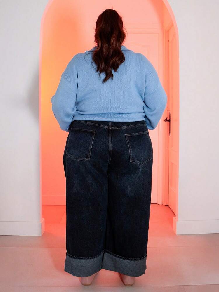 Pretty and Ole Plus Size High Waist Straight Jeans With Folded Hems, Ankle Pants, Comfortable Elastic Waistband, Retro Denim Fall Women Clothes - Dark Wash - View 2