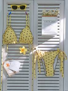 Swim Mod Women's Summer Beach Polka Dot Halter Tie Cute Bikini Swimsuit Set - Multicolor - View 4