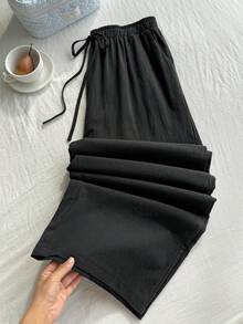 Comfortcana Plus Size Women Simple Solid Color Wide Leg Summer Pants - Black - View 7