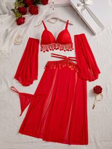 SHEIN 5pcs Halloween Sequins Sequin Bra + Thong + Slit Sequin Mini Skirt + 2pcs Sleeves, Glamorous Party Set Red Lingerie Set 2 Piece Lingerie Set Lingerie Robe Set Red Lingerie 2 Piece - Red - View 9