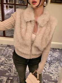 DAZY Áo khoác cardigan nữ 2 trong 1 chắp vá thanh lịch, Thu/Đông - Màu be - Xem 8