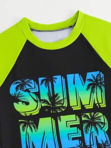 SHEIN Teen Boy Palm Tree Letter Print Rash Guard Set,Black Summer Streetwear Beach Holiday Long Sleeve Raglan Top And Shorts Swimsuit Bathing Suit For Youth - Green - View 4