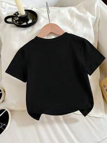 SHEIN GraphicGems Áo thun đen cổ tròn tay ngắn in hình vương miện lấp lánh 3D "Sinh nhật lần thứ 6" của cô gái trẻ, thích hợp cho tiệc sinh nhật - màu đen - Xem 3