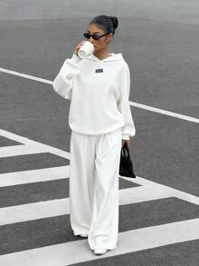 SHEIN EZwear 女士秋冬新款保暖宽松休闲连帽衫和运动裤两件套 - 白色 - 查看 4