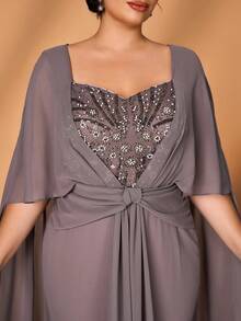 Serin 大码优雅奢华浅咖啡色心形领亮片拼接雪纺披肩式不规则下摆修身鱼尾裙，适合晚宴、单身派对、约会、舞会、度假、婚礼、正式场合。 - 咖啡棕 - 查看 8