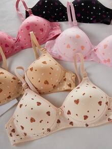 Teen Girls Bras And Bralettes-Wireless Heart Print Bra Set Pack Of Five Cute Pastel Black Pink Beige White Everyday Comfort Removable Padding Adjustable Straps No Underwire Youth Intimates Loungewear All Season Holiday 2026 Must Have - Multicolor - View 3