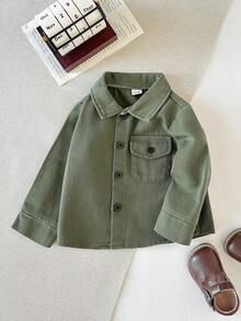 SHEIN 男婴休闲经典款舒适时尚口袋翻领长袖衬衫，适合秋冬季节、日常穿着、上学等场合，百搭实用 - 軍綠色 - 查看 3