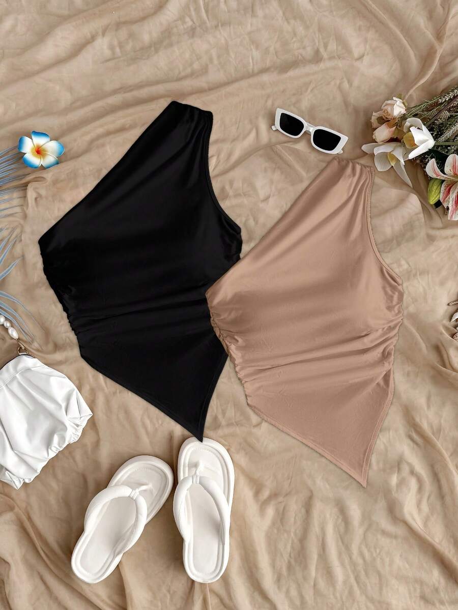 Soleia Women's Y2K Solid Color Asymmetric Hem Ruched Sleeveless Crop Top Spring - Multicolor - View 1