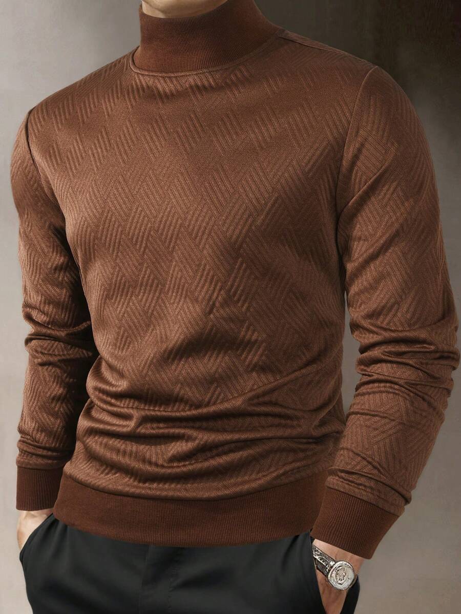 Manfinity Homme 男士纯色高领插肩休闲针织长袖套头卫衣 - 棕色 - 查看 1