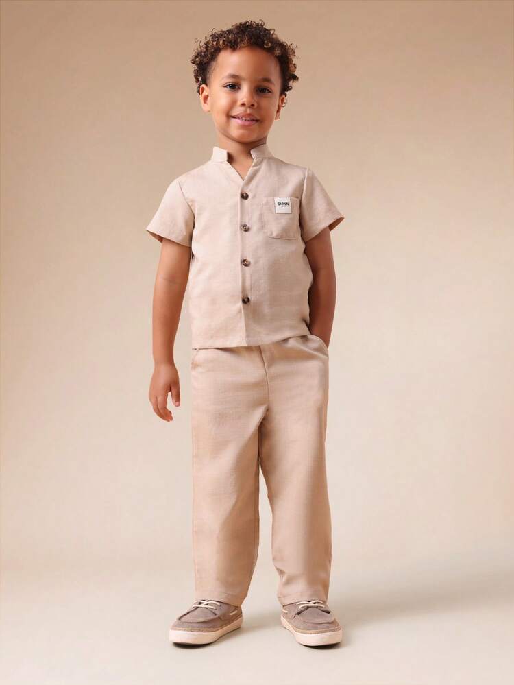 Linen Feel Shirt And Pants Set With Mandarin Collar