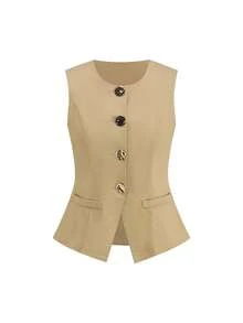 Ellevyn 女士新款优雅圆领编织金属吊带背心和阔腿裤两件套，适合通勤、工作和多种场合。 - 卡其色 - 查看 9