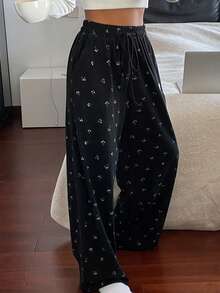 DAZY 女士直筒碎花抓绒睡裤，秋冬款 - 黑色 - 查看 4