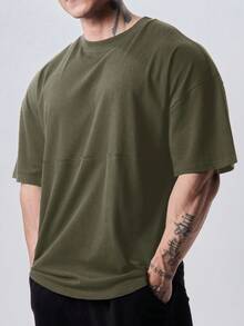 GymBeat 男士纯色圆领短袖休闲健身运动T恤健身服跑步T恤和背心健身上衣健身房上衣透气 - 軍綠色 - 查看 4