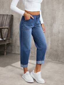 EMERY ROSE Quần jeans ống côn cạp cao có túi dành cho nữ, kiểu dáng thường ngày đa năng - Màu xanh lam - Xem 5