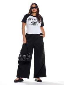 Solavibe 2 pièces/Set Femmes grande taille T-shirt à manches raglan imprimé lettres et pantalon large, décontracté - Noir - Voir 3