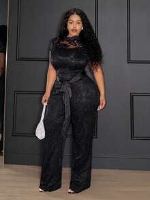 Slaydiva 秋季新款性感约会、生日派对、聚会、宴会、返校、学院风、学生装、日常出行、百搭基础款、休闲、邮轮旅行、爆款、街头风、优雅、通勤、商务休闲黑色纯色蕾丝吊带高领常规连体裤，大码连体裤，情人节穿搭 - 黑色 - 查看 5