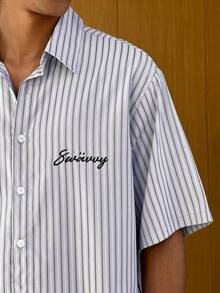 SWAVVY 男士休闲条纹短袖衬衫，夏季 - 淺灰色 - 查看 5