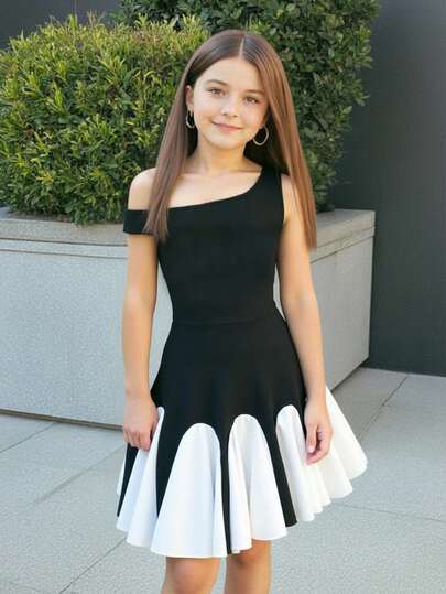 SHEIN Tween Girls Casual Elegant Asymmetric Shoulder Fitted A-Line Hem Contrast Color Splice Dress
