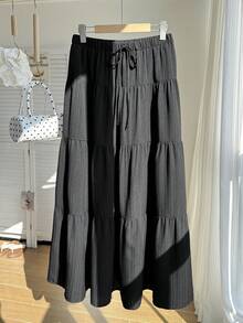 Comfortcana 大码休闲宽松松紧腰荷叶边下摆 A 字裙 - 黑色 - 查看 3