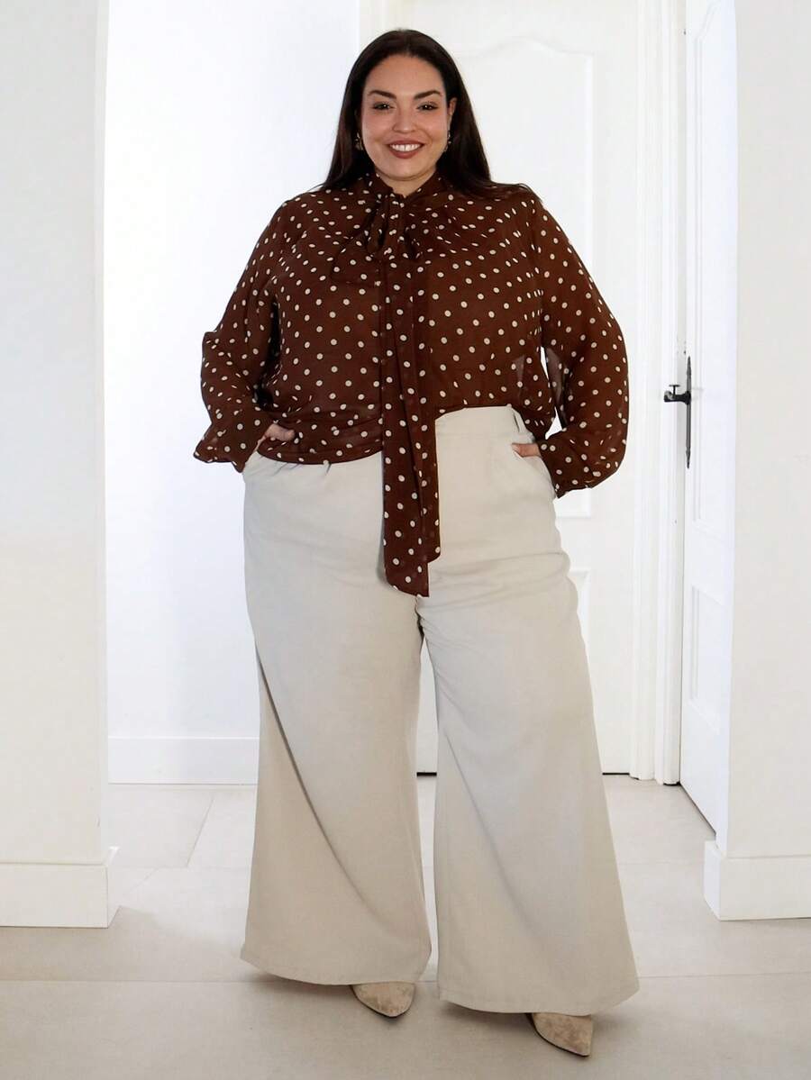 Pretty and Ole Plus Size Coffee Brown Polka Dot Chiffon Blouse, Autumn/Winter Brown Blouses Curvy Blouses Plus Size Western Outfits 70s Outfit Plus Size Chocolate Brown Top - Coffee Brown - View 1