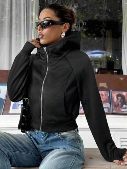 Muchica Women's Black Casual Everyday Zip-Up Hoodie, Autumn,Fall,Zip Up Hoodie Women,Zip Up Hoodie For Women