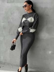 EURMUSE 2 pezzi Set di maglione corto con colletto alto e motivo geometrico jacquard e abito in maglia senza maniche per donna - Grigio Scuro - Visualizzare 6