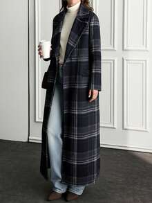 Plaid Texture, Open Front, Belted, Cashmere Overcoats - Multicolor - View 4