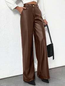 EURMUSE Gold Button Detailed Straight Fit Leather Pants - Brown - View 5
