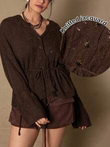 SHEIN VCAY Große Größen Lässig Vintage einfarbiger Cardigan mit Kordelzug in der Taille, Herbst - Braun - Übersicht 1